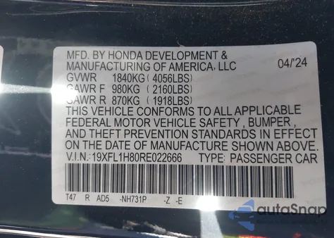 2024 Honda Civic Sport Touring from USA, damaged, VIN 19XFL1H80RE022666
